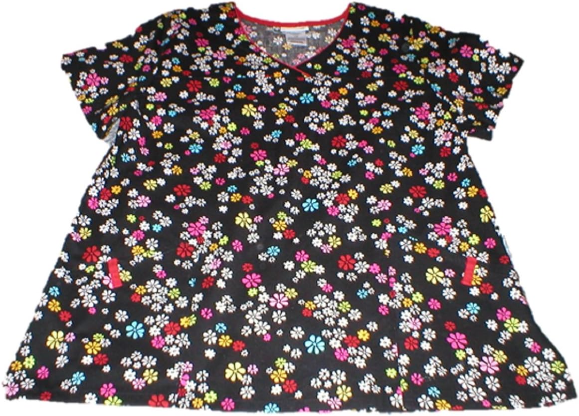 ScrubStar Womens Medical Scrub Pansies Daisys V Neck Top (xs) Black