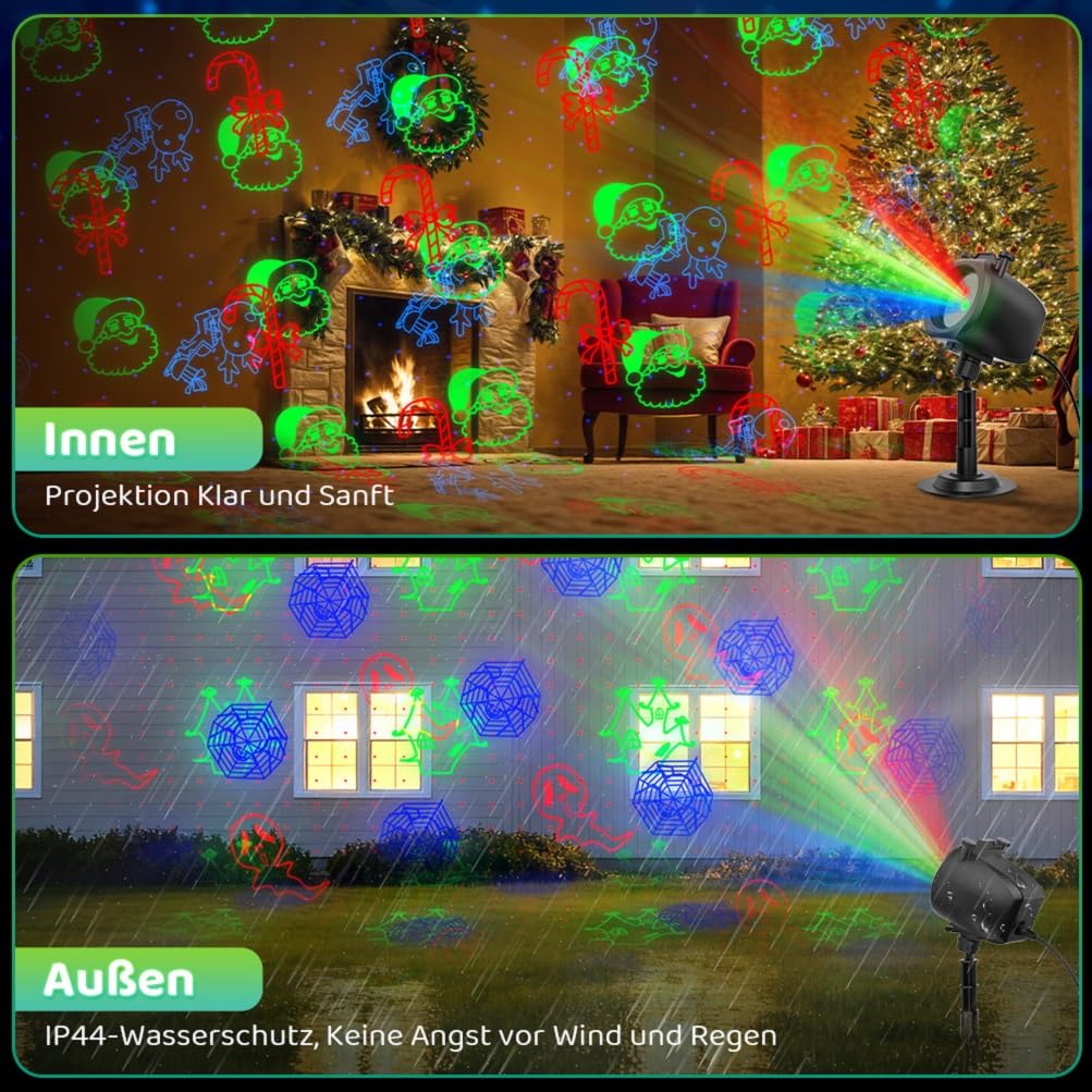 OUSFOT Projektor Weihnachten Aussen Rot Grün Blau, 5 Projektionskarten | Laser Projektor mit Fernbedienungs und Timerfunktion,Halloween, Weihnachten, Party, Laserpunkt