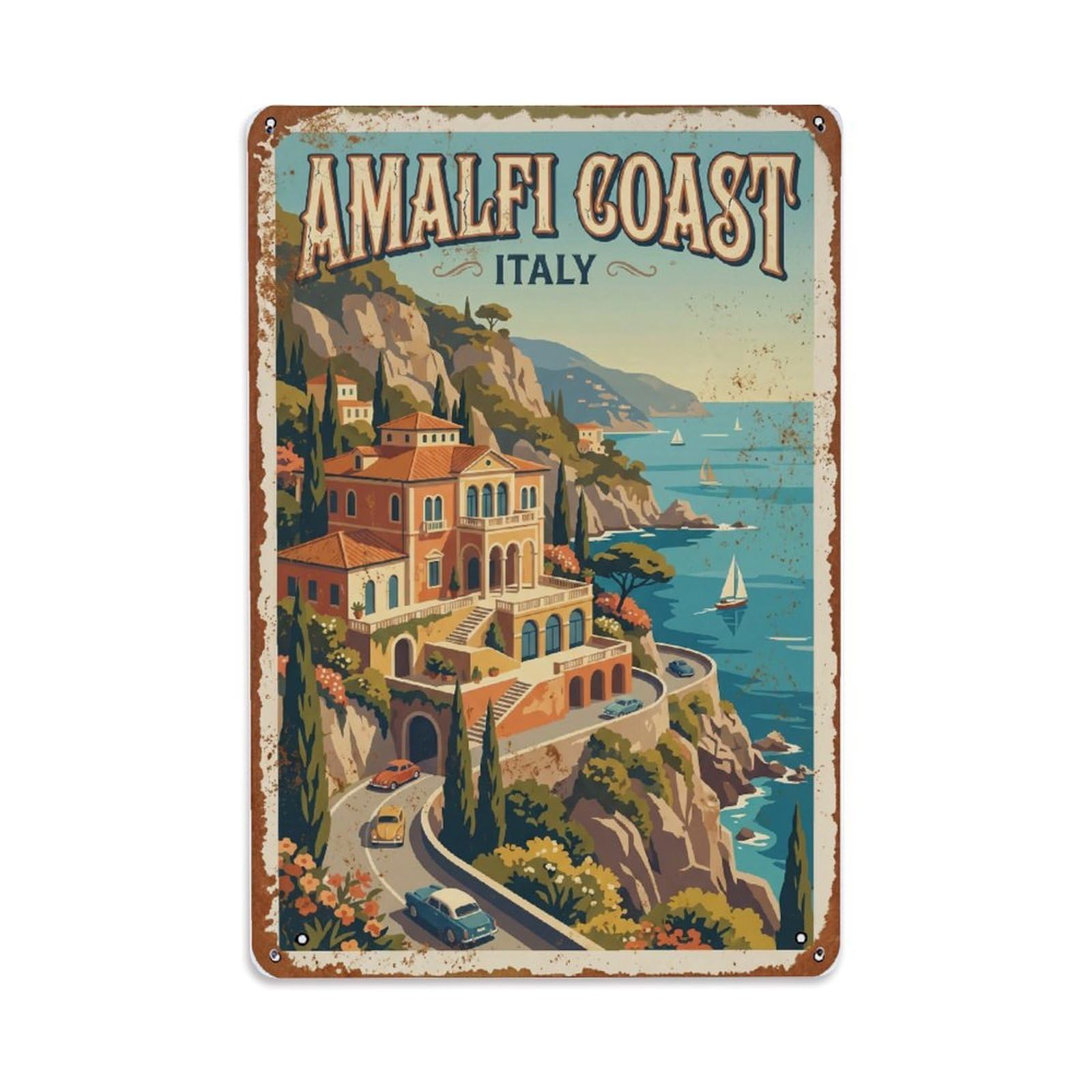 Vintage Travel Mansion Italy Hillside Metal Tin Sign Plaque Wall Decor for Cafe, Club Bar, Office, Home Garden Metal Poster 8x12Inch