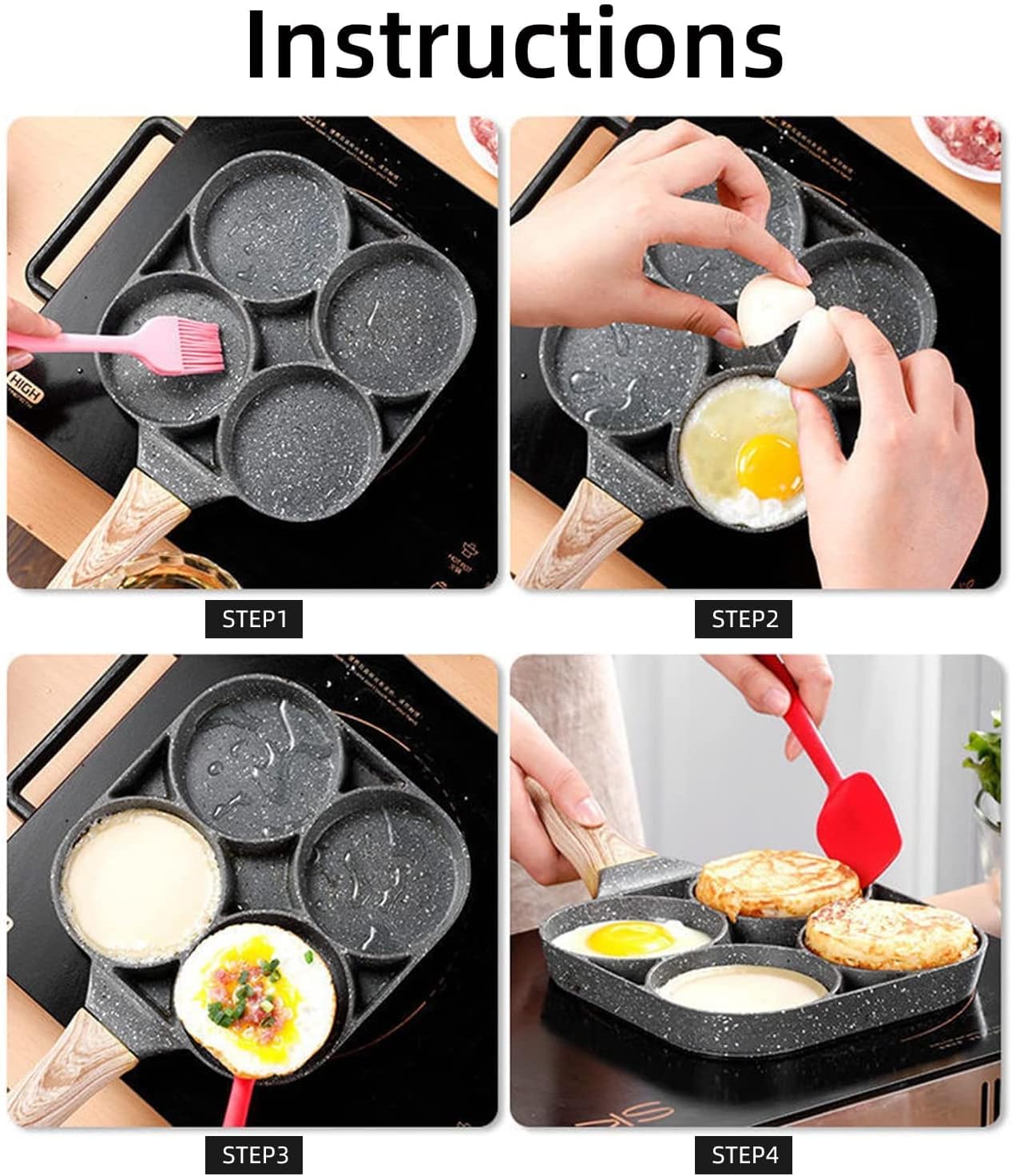 Omelet Pan,Pan Nonstick Pancake Pan,Egg Frying Pan,2/4 Holes Frying Pot Pan Thickened Kitchen Omelet Non-Stick Egg Poacher Pancake Crepe Steak Cooking Ham Breakfast Maker