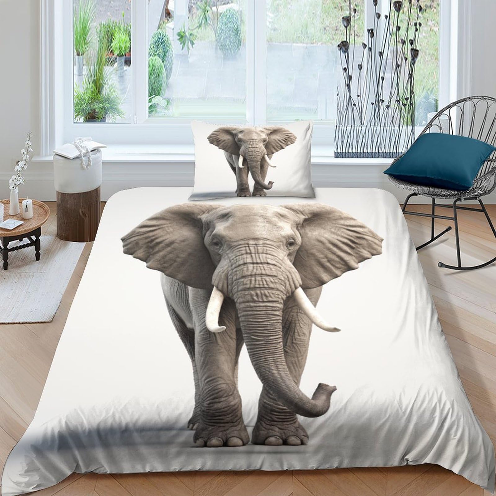 GEEYOU Elephant Warmth Quilt Cover Set Hidden Zipper Duvet Cover Set with Pillowcases African Elephant Bedding Set Soft Microfiber Comforter Cover Various Sizes for Kids Adults Single（135x200cm）