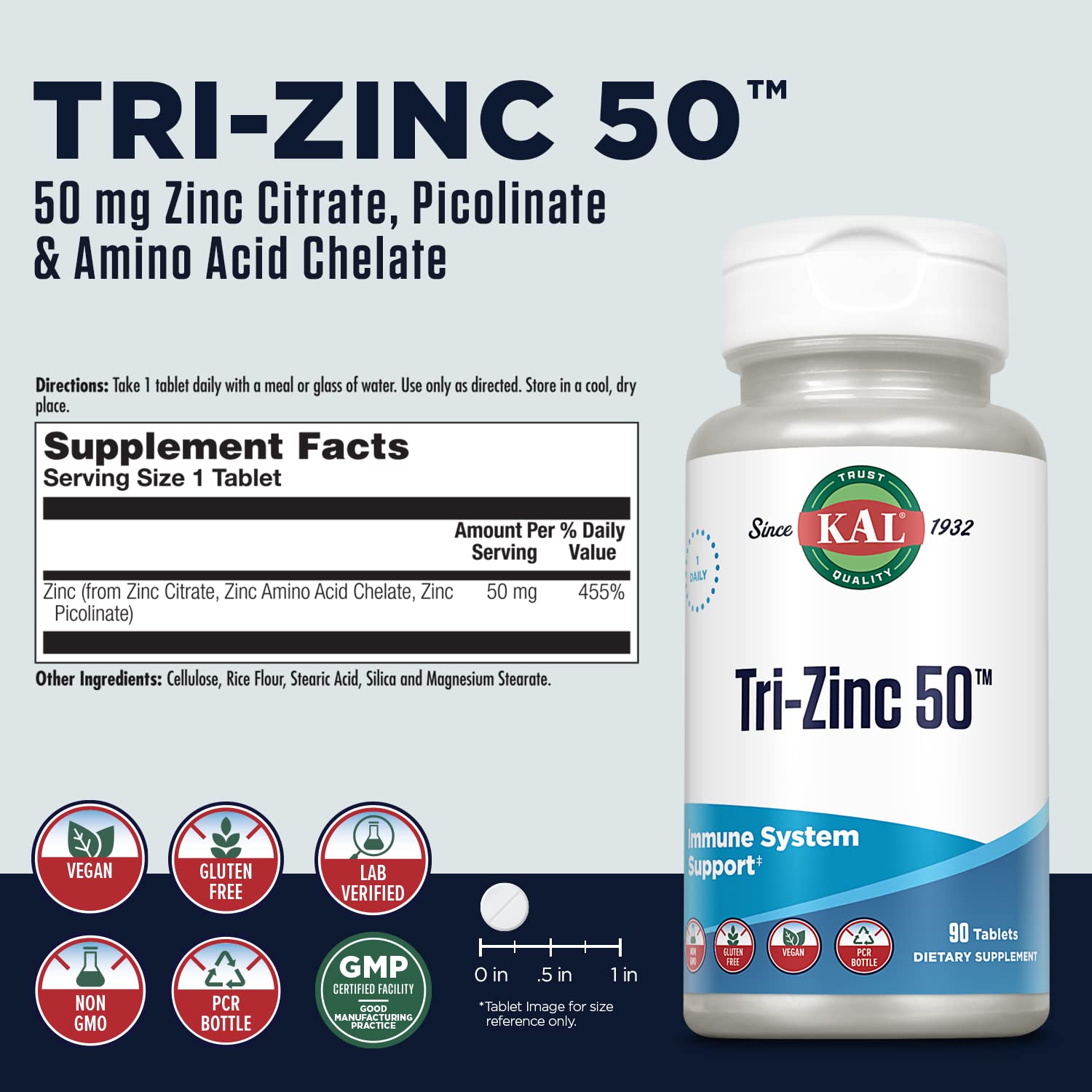 KAL Tri Zinc Supplement 50mg for Men & Women, Non-GMO, 90 Ct Tablets — Amazon image 2
