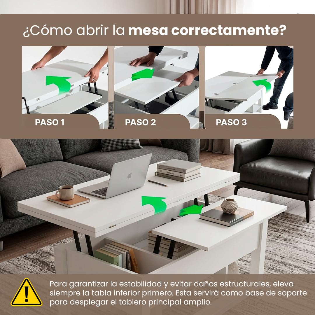 Marctani Mesa de Centro elevable 3 en 1 - Mesa de Centro Blanca con Almacenamiento Oculto y 2 Cajones, Mueble de Salón Extensible en Madera MDF para Escritorio y Comedor