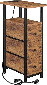 LOAKEKEL Slim Bedside Table with Charging Station, Narrow Side Table with 3 Fabric Drawers, Small End Table with Open Storage Shelf, Nightstand for Small Spaces, Living Room, Brown UHETNDP03PBR-1