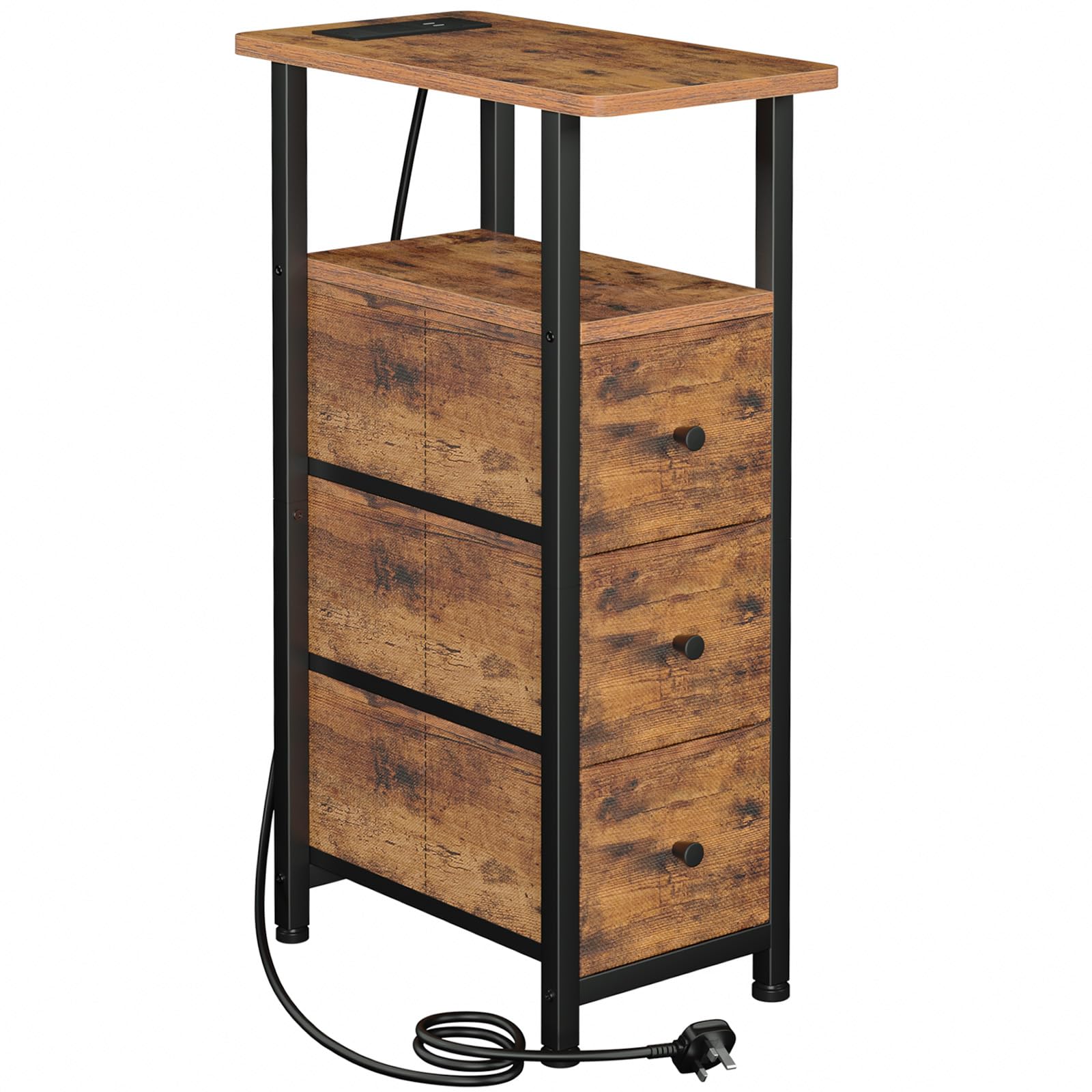 LOAKEKEL Slim Bedside Table with Charging Station, Narrow Side Table with 3 Fabric Drawers, Small End Table with Open Storage Shelf, Nightstand for Small Spaces, Living Room, Brown UHETNDP03PBR-1
