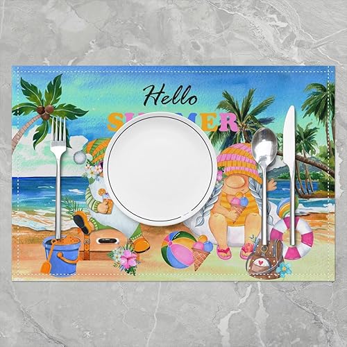 Miniatura 2 de Juego de 4 manteles individuales con diseño de gnomo, estilo hawaiano, estilo hawaiano, para interiores y exteriores, con diseño de árbol de coco,