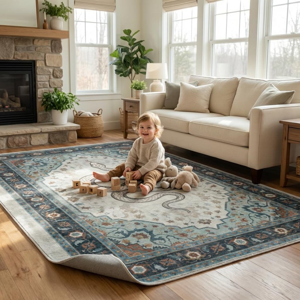 8x10 Area Rug Vintage Persian Snake Motif Rug with Non Slip Backing, Washable Low Pile Soft Off-White Teal Blue Carpet for Bedroom, Living Room, Home Office, Eclectic Decor