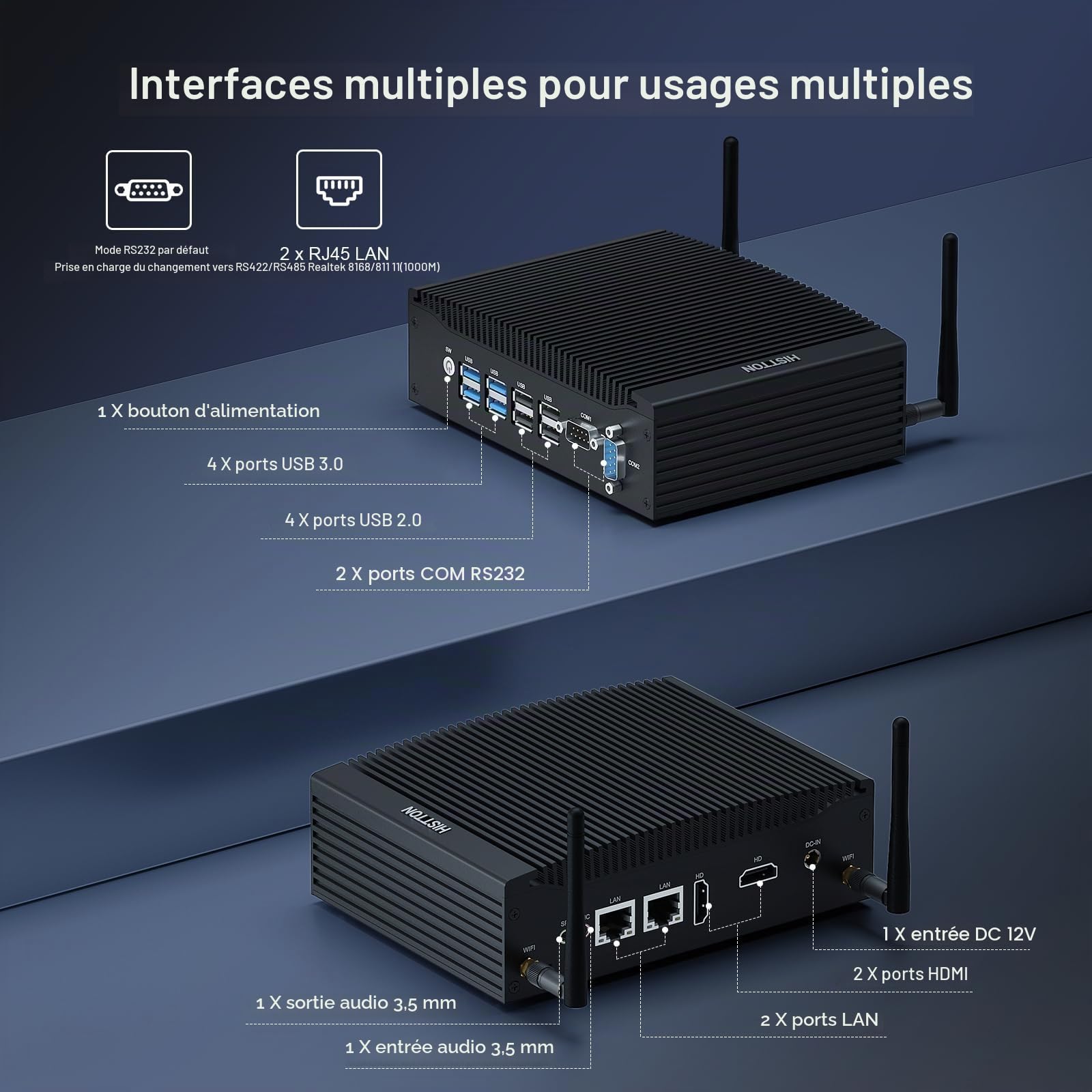 HISTTON Mini PC sans Ventilateur, PC Industriel Core i5-8265U, DDR4 8Go de RAM 256Go SSD Mini Computer, Dual LAN, WiFi, BT4.2, 2 RS232, Dual HD, USB3.0, Mini PC de Bureau Windows 11 Pro