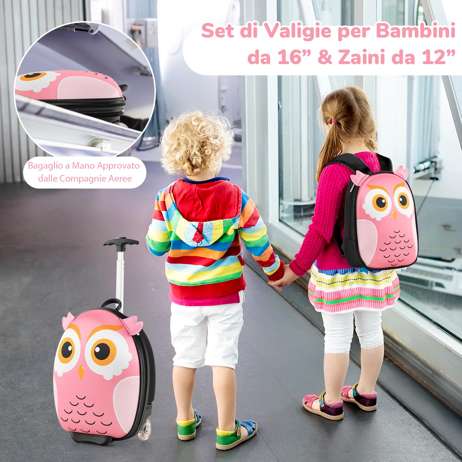 RELAX4LIFE Set 16''+12'' di Valigie per Bambini 2 in 1, 2 Pezzi, Trolly 16''+Zaino 12'', con Ruote Girevoli, Maniglia Retrattile, Zaino con Piedini in Plastica (Gufo)