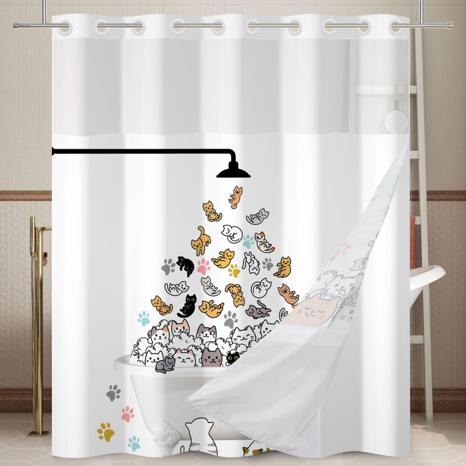 Ttincceer No Hook Cat Shower Curtain with Snap in Liner Set