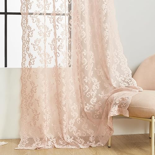 Miniatura 5 de Cortinas de encaje rosa rubor de 63 pulgadas de largo, juego de 2 paneles de cortinas traslúcidas florales victorianas para sala de estar,