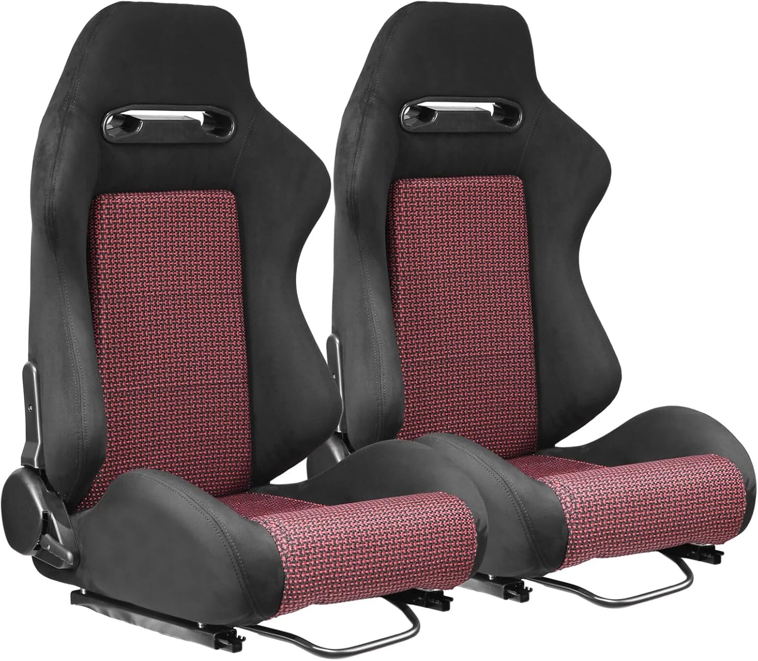 Universal Black+Red Mesh Fabric Reclinable Racing Seats Pair Left/Right W/Slider
