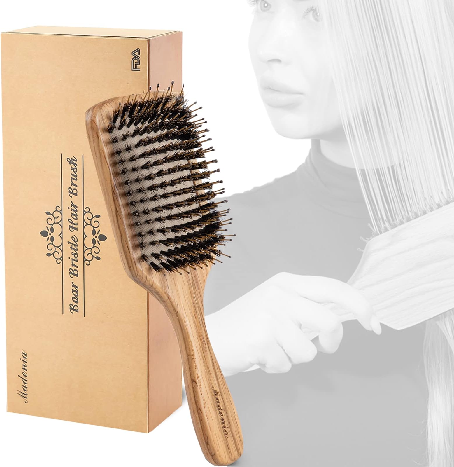 Paddle Brush, Boar Bristle Wooden Hair Brush for Women Men and Kids, Making Hair Smooth, Massaging Scalp, Packed in a Wooden Gift Box