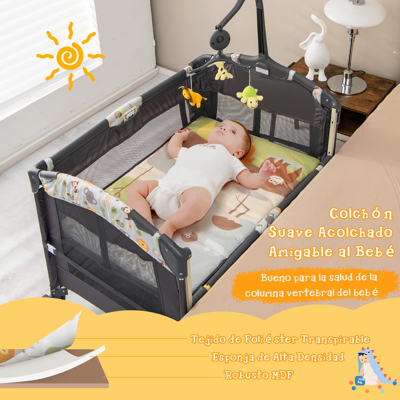 COSTWAY 4 en 1 Cuna de Viaje Plegable para Bebé con Colchón Cambiador, Parque Infantil Cuna Bebe con 3 Juguetes, Caja de Música y Bolsa de Transporte, Cuna Bebe con Colecho (Gris Oscuro)