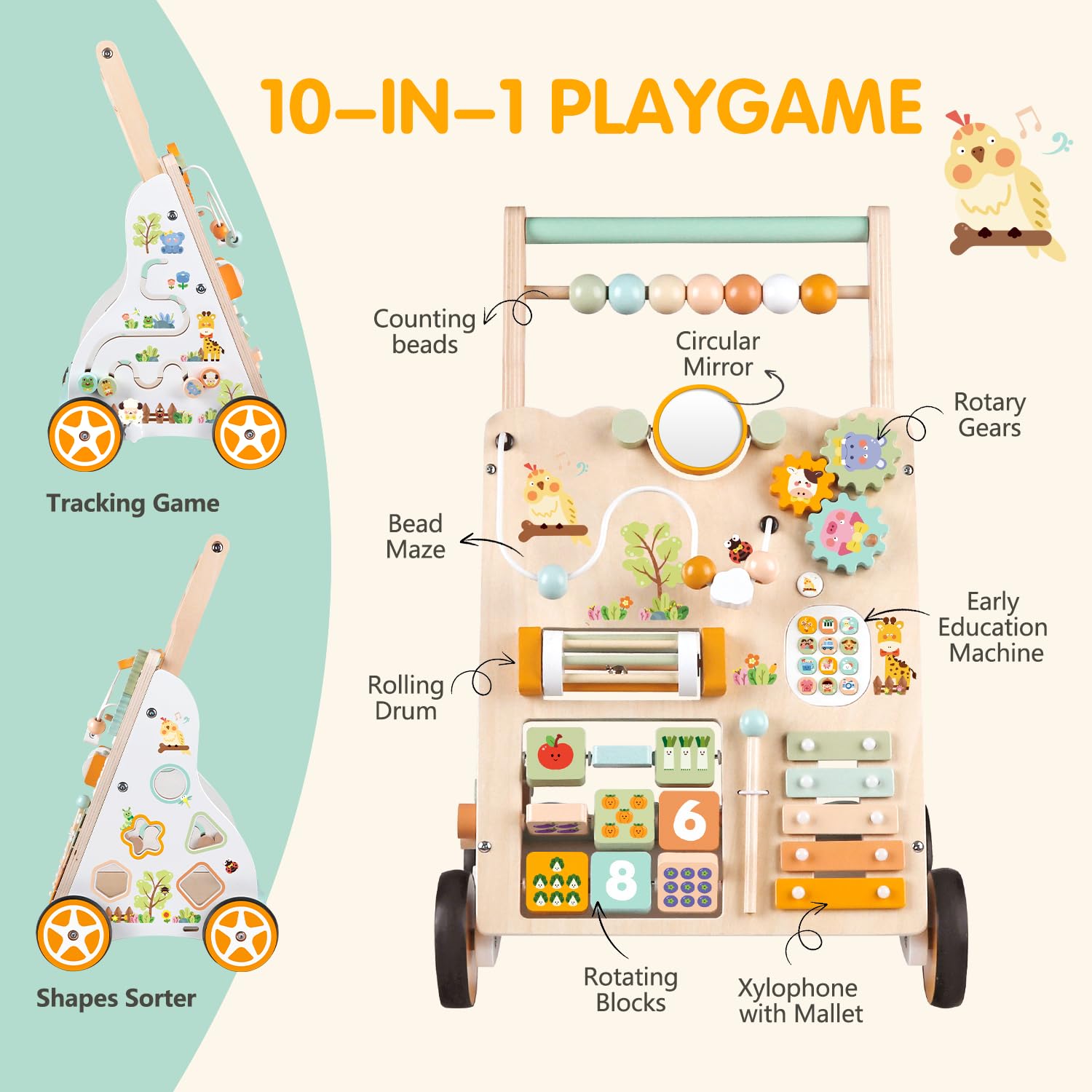 Carrello Primi Passi in Legno per Bambini – Girello Montessori con Centro Attività – Altezza e Velocità Regolabili – Giocattolo Educativo per Bimbi 12+ Mesi, Bambine e Bambini di 1 Anno (Naturale) - 2