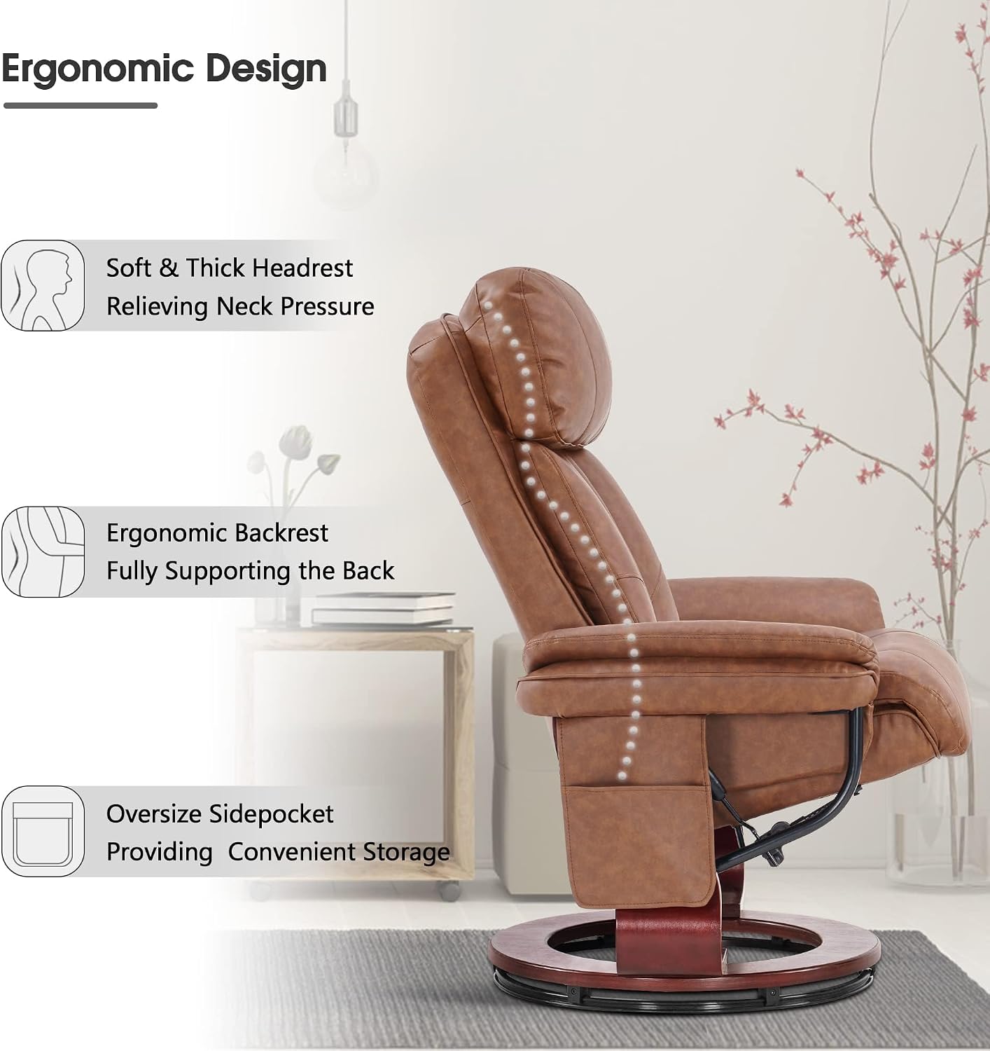 MCombo Swivel Recliner with Ottoman, TV Chair with Vibration Massage, Ideal for Small Space, RV, Living Room & Bedroom 4999 (Faux Leather, Saddle)