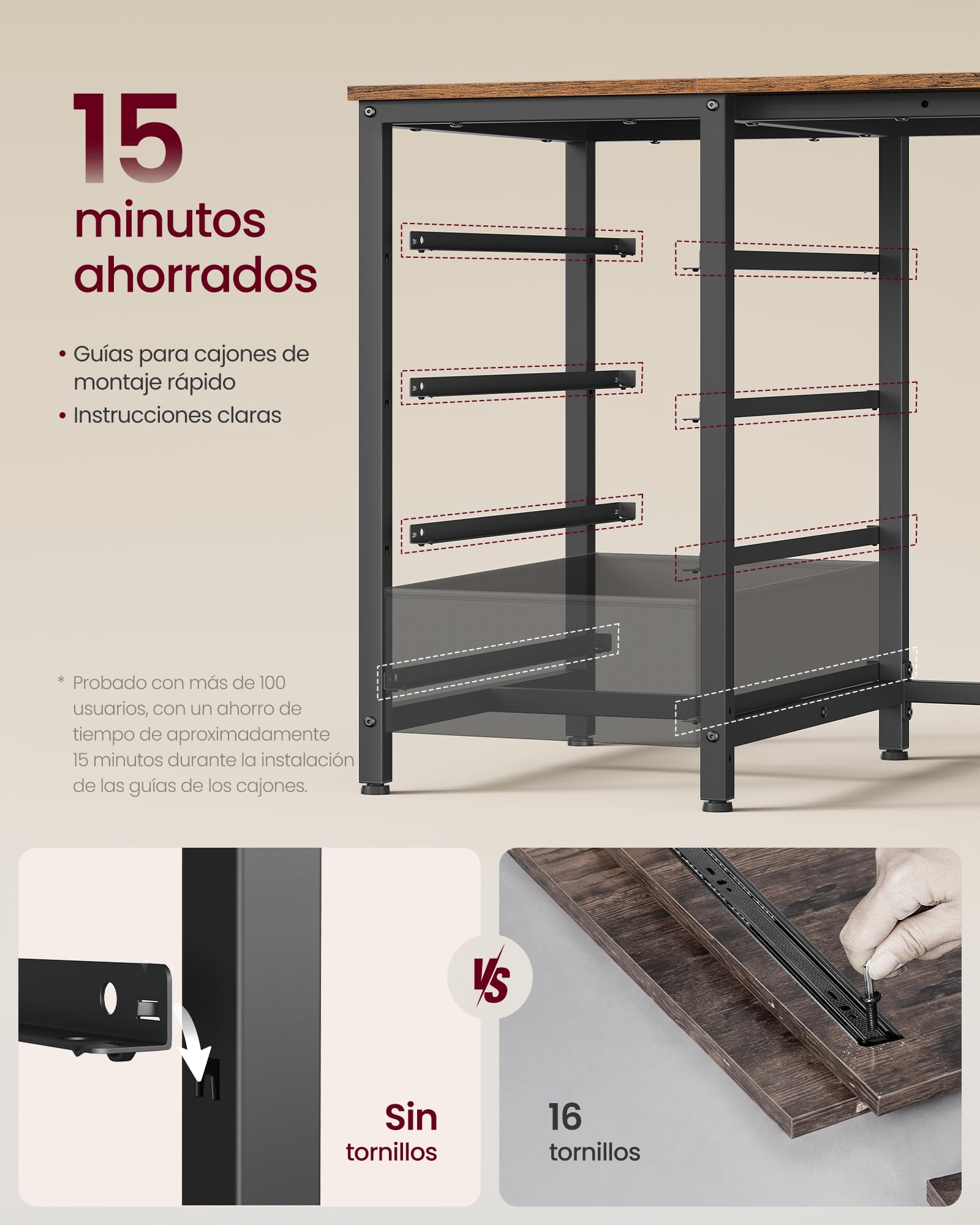 VASAGLE Escritorio Esquinero en L con Enchufes, Escritorio Gaming, Diseño Reversible, Estantes Ajustables, 4 Cajones, 2 Puertos USB, Estudio, Oficina, 140 x 80 cm, Marrón Rústico LWD172KD01