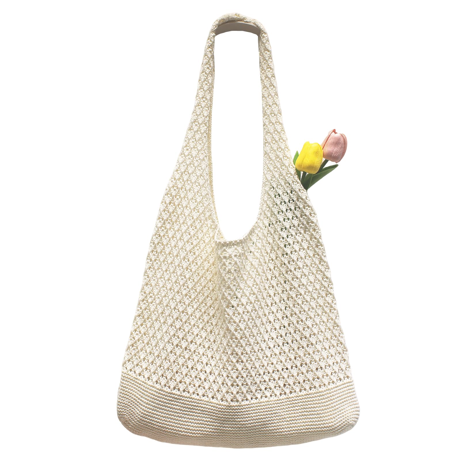 Hapforever Crochet Tote Bag for Women, Cute Crochet Mesh Beach Bag Summer Beach Tote Bag Summer Vacation Aesthetic Boho Knit Bag for Women (Beige)