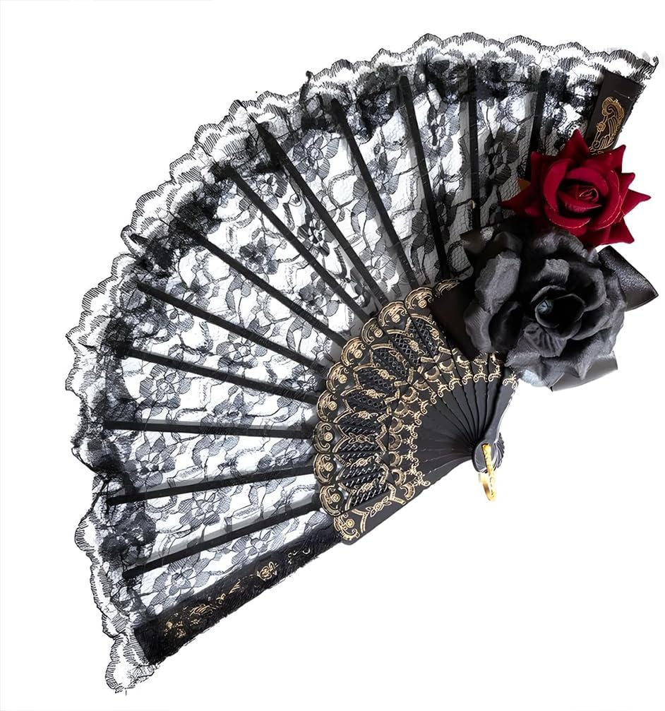 Halloween Black Hand Fan Lace Rose Handheld, Vintage Retro Flower Spanish Large Folding Fan for Women Spanish Lace Dancing Gift European Style for Wedding Party Show Cosplay Photo Props Decorations