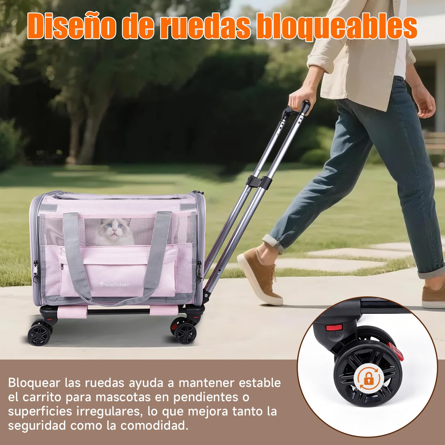 Nueva Bolsa Transporte Transpirable para Mascotas 45x33x33 cm | Transportín para Mascotas con Ruedas Desmontables y Correa Ajustable, para Mascotas Pequeñas y Medianas de hasta 9 kg (Rosa)