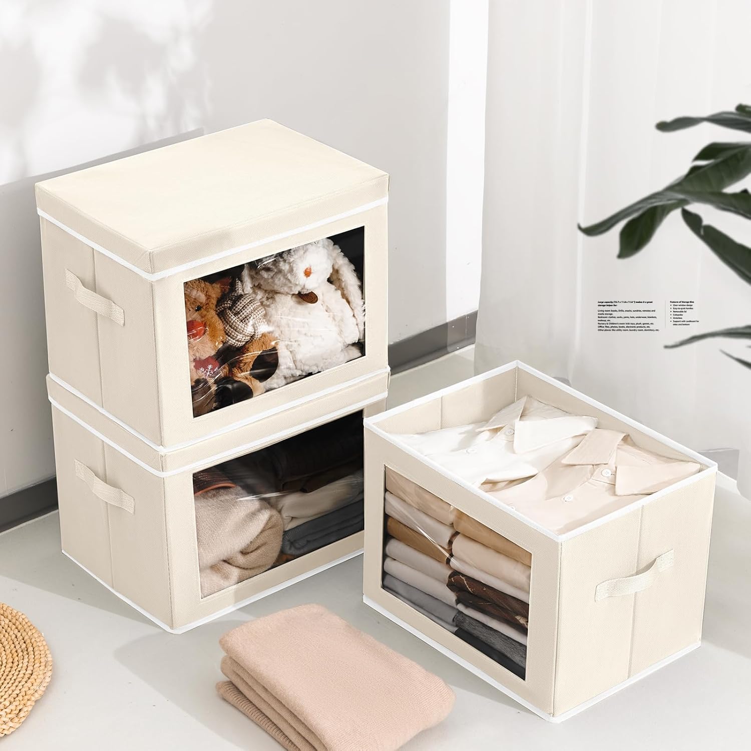 Fabric Storage Bins with Lids, Decorative Storage Boxes, Closet Storage Bins with Window, Storage Baskets for Closet, Closet Organizers for Towel, Clothes, Beige, 4-Pack