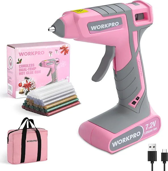 WORKPRO Cordless Hot Glue Gun, 7.2V Glue Gun with 50 Pcs Premium Mini Glue Sticks and Storage Bag, 2600mAh Type-C Rechargeable, Dual-Temp Hot Glue Gun Kit for DIY, Crafting and Arts