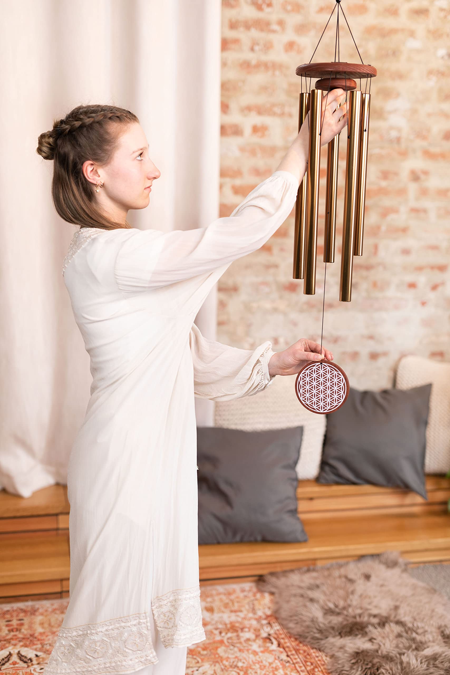 Sonic Energy Meditation Chime – 90 cm, Bronze, Flower of Life – Windspiel mit 5 Klangstäben, 432 Hz – Dekoration für Innen- und Außenbereich (FOLMC36B)