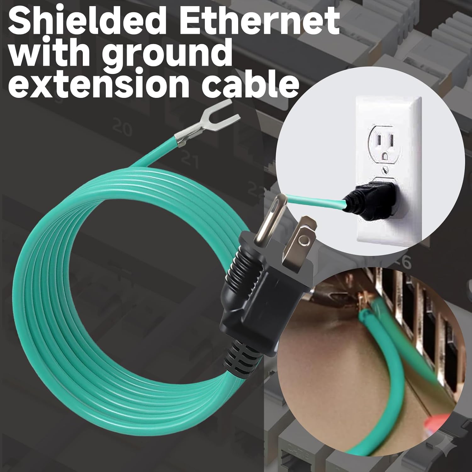 Shielded Ethernet Patch Panel Bond Ground Extension Cord for NEMA 5-15P 3 Prong Plug, 14AWG 6.5FT Grounding Cable with 3.70mm Y Terminal Wiring Harness