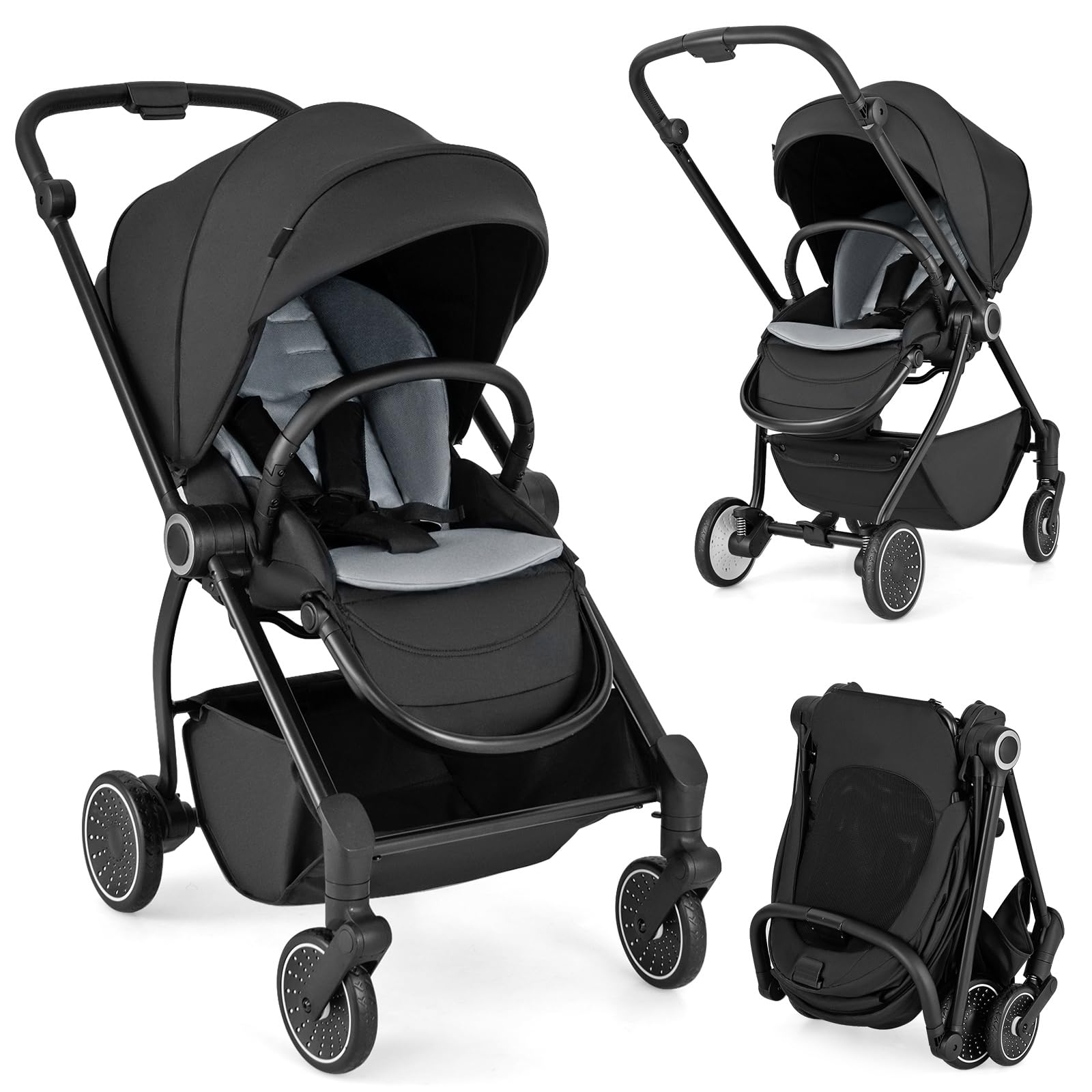 COSTWAY Poussette Canne Bébé 0-3 Ans(Charge 15 kg) avec Siège Réversible & Dossier Inclinable, Poussette Compacte et Légère Pliable avec Auvent Réglable & Panier Inférieur, Harnais à 5 Points (Noir)