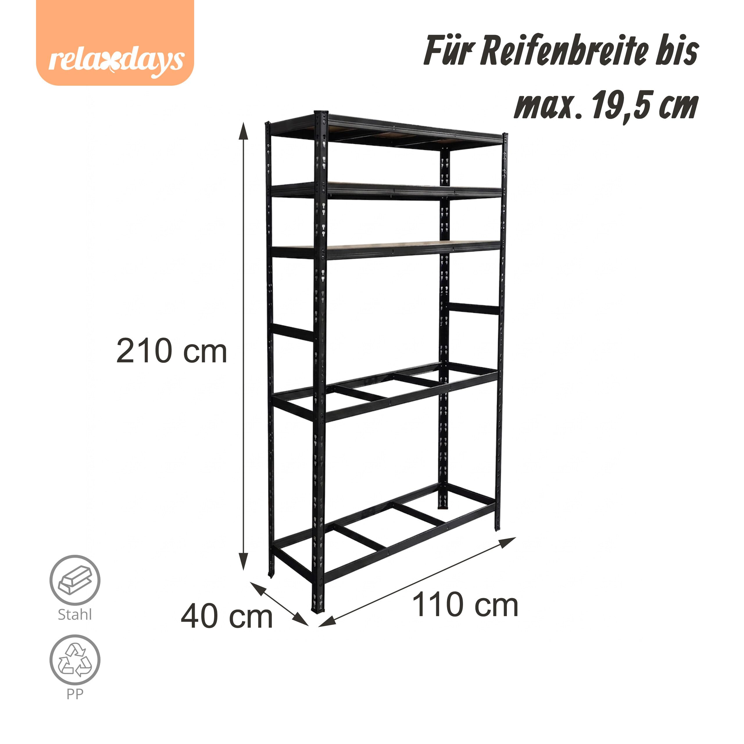 Relaxdays Reifenregal für 12 Reifen, HxBxT 210 x 120 x 40 cm, 750 kg, Stahl, Stecksystem, Reifenlager Werkstatt, schwarz