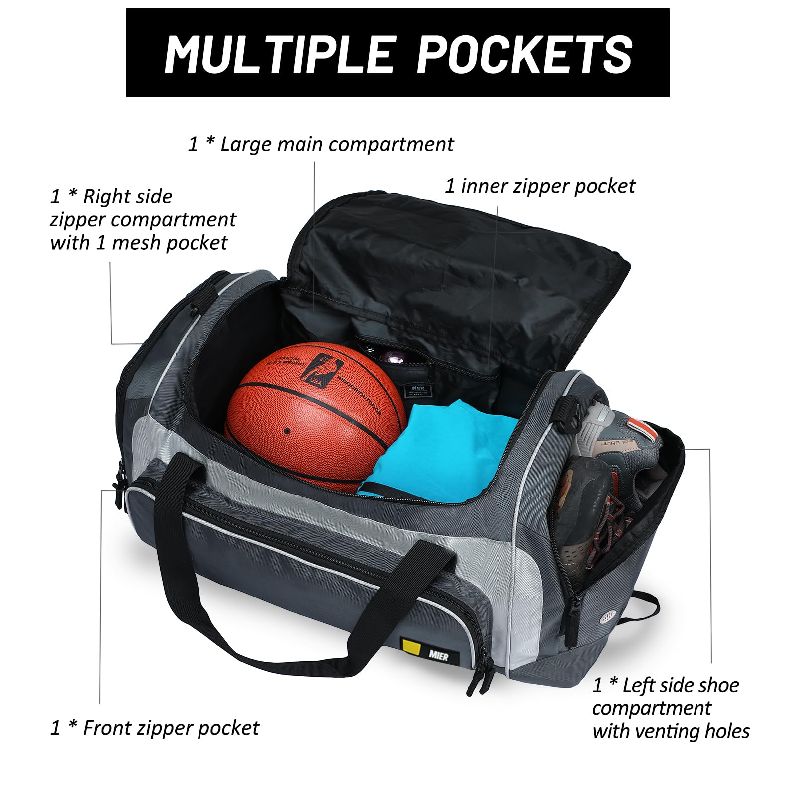 MIER Borsa sportiva grande da uomo con scomparto per scarpe, 60 l, grigio, sportiva, grigio, Sportivo