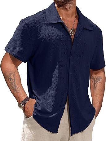 Vssjavun Mens Short Sleeve Button Down Shirts Casual Hollow Out Summer Beach Shirt