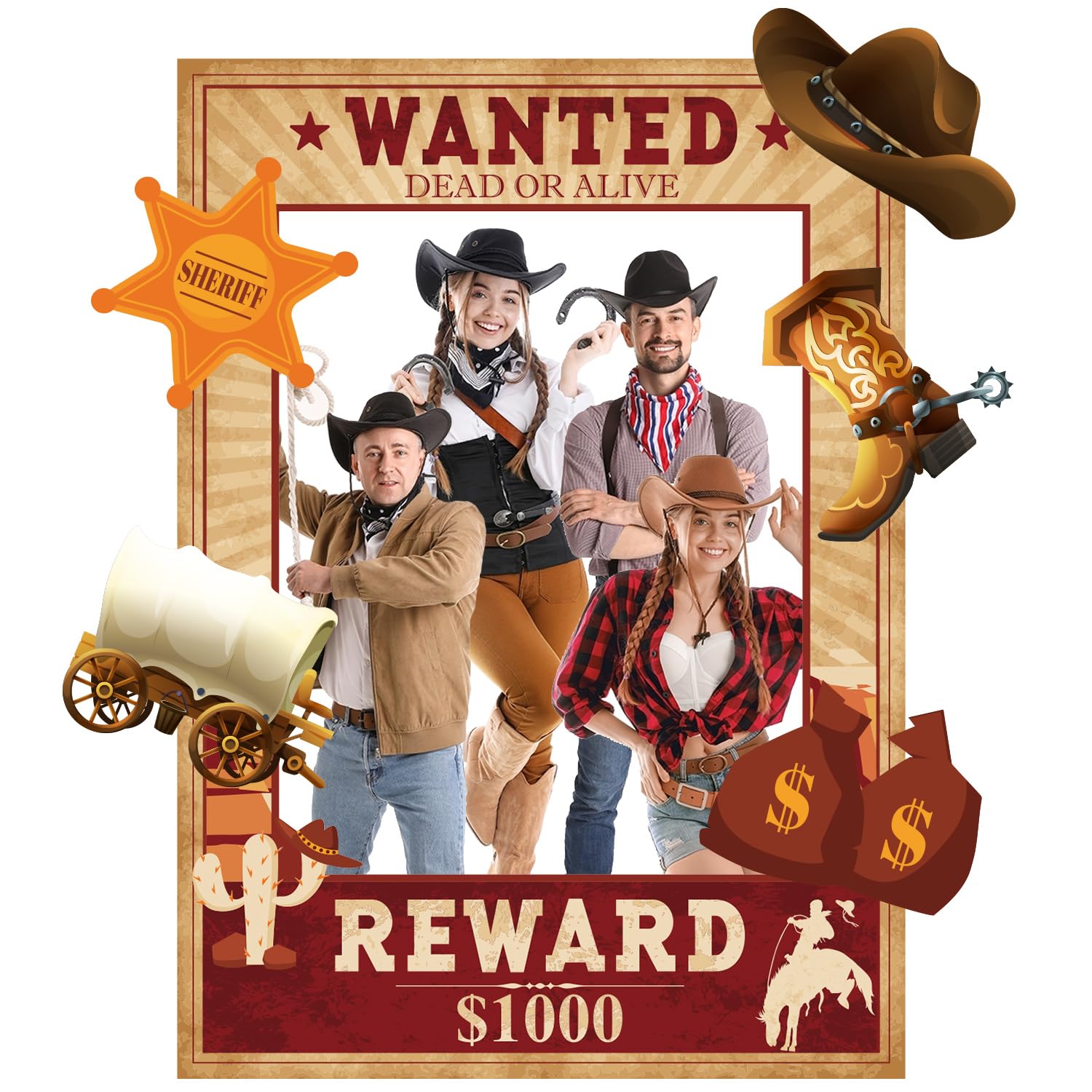 Kit Accessoires Photomaton Cowboy - Décoration Fête Western - Cadre Photo 70x50 Cm - Bâtons En Bois - 2