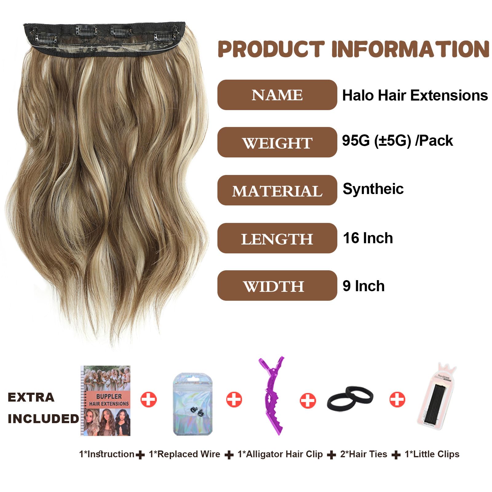 BUPPLER Halo Hair Extensions 16 Inch Invisible Wire Hair Extensions Adjustable Long Wavy Hairpiece Synthetic Upgrade 4 Secure Clips in Hairpieces 16 Inch,Medium Brown Mix Medium Blonde - Image 2