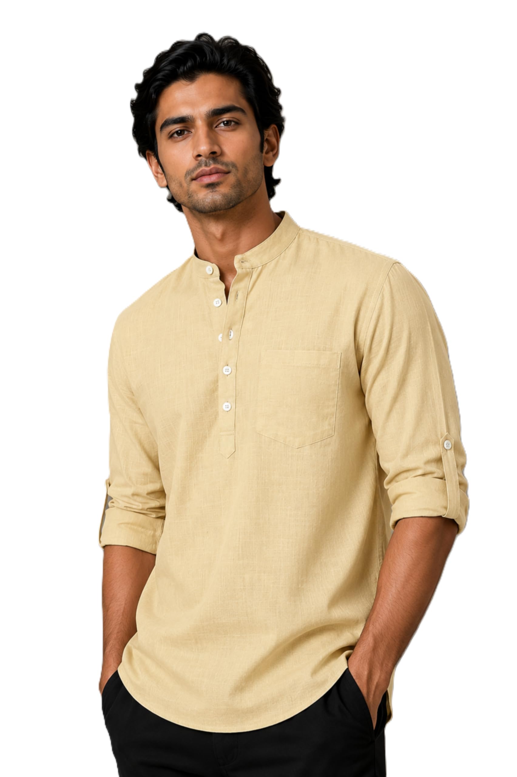 Men's Cotton Linen Blend Relax Fit Short Kurta | Mandarin Collar | Roll-Up Sleeves | Hip Length | Solid Beige-picture-37