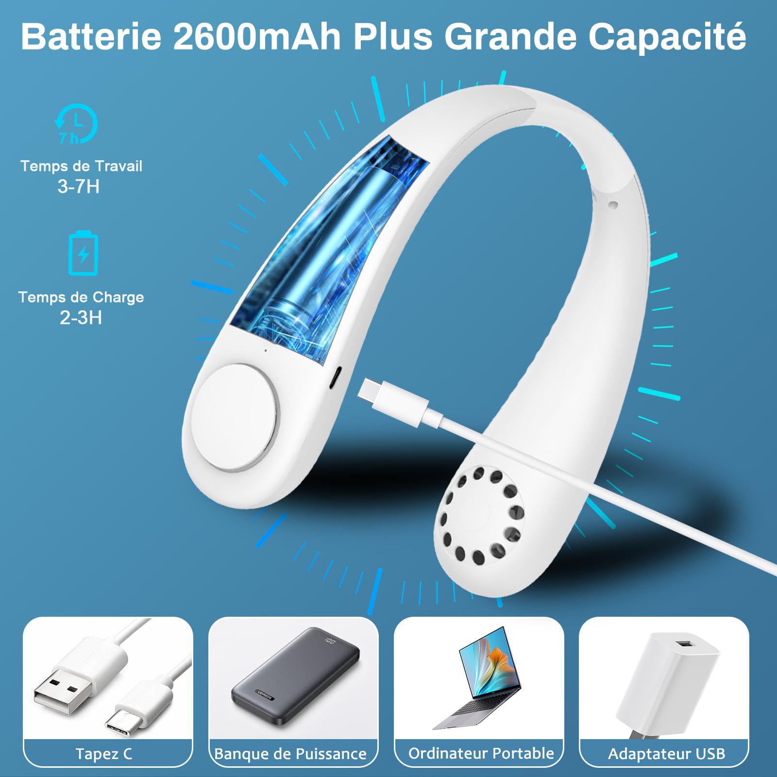 Timiyou Ventilateur De Cou Portable 360° – 3 Vitesses, Silencieux, Rechargeable – Rafraîchissement Sans Pales Pour Été