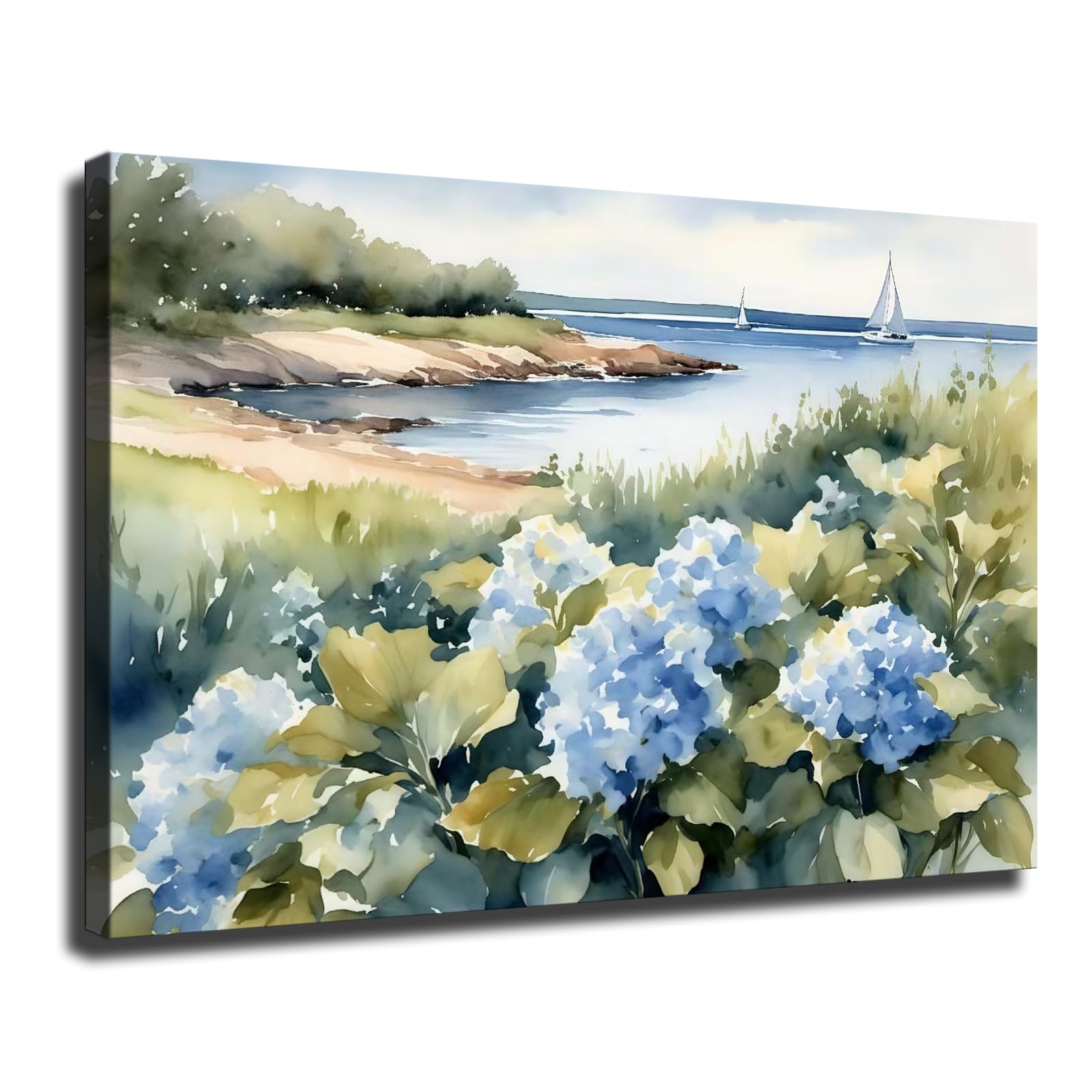 Cape Cod Coastal Blue Hydrangea Massachusetts Watercolor Wall Art, Sailboat Artwork Floral Nautical Wall Art For Living Room Ready To Hang (Framed,16×