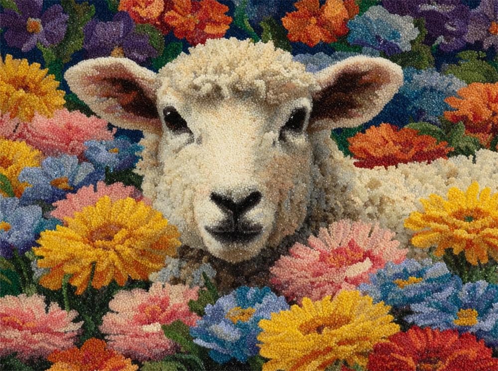 FWRTYCB Yarn Rug Hooking Kits Sheep in A Sea of Flowers 20X15Inch Rug Making Kit