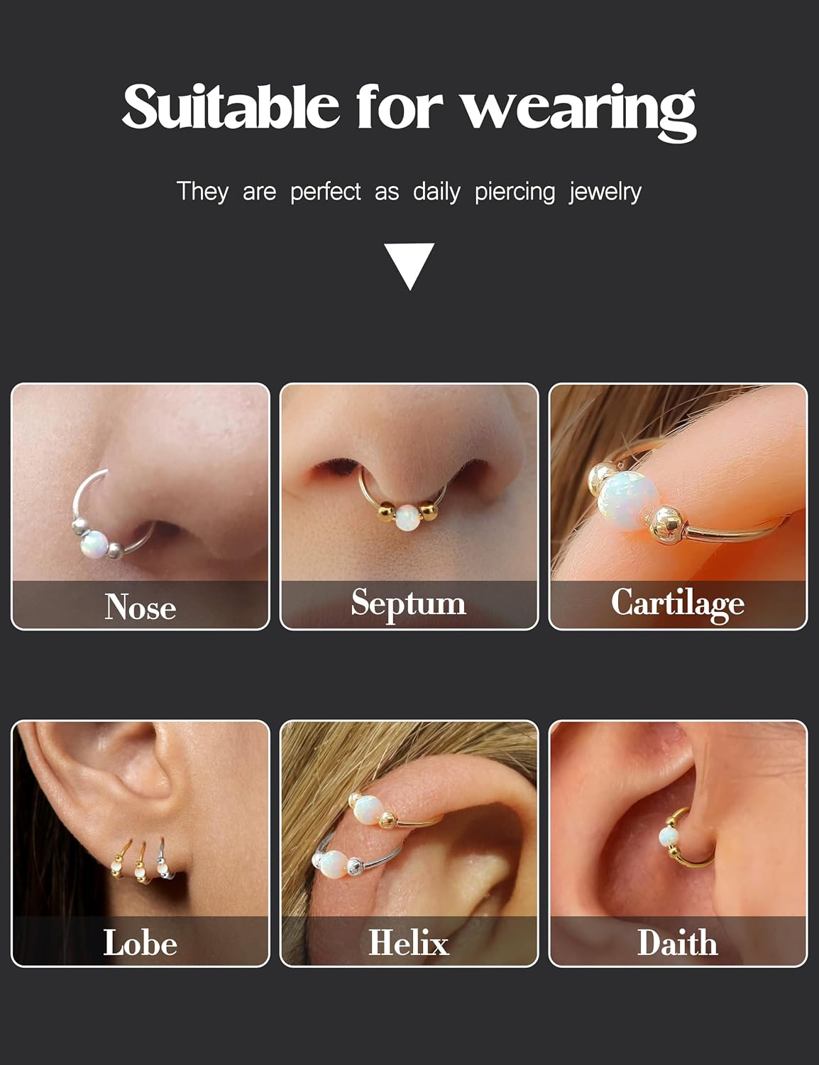 Diamday 16G/18G/20G Opal Nose Ring -316L Surgical Steel Nose Rings Hoop Hinged Conch Piercing Jewelry Septum Clicker Lip Rings Cartilage Earring Helix Rook Tragus image 5