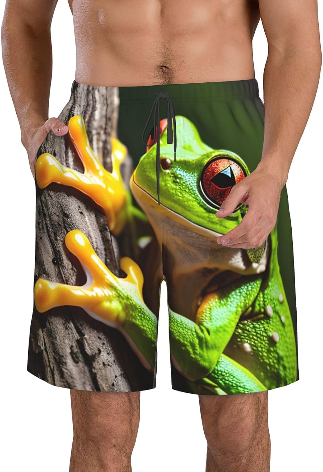 Mens Tree Frog Print Beach Shorts,Casual Summer Shorts for Men,Quick Dry Polyester