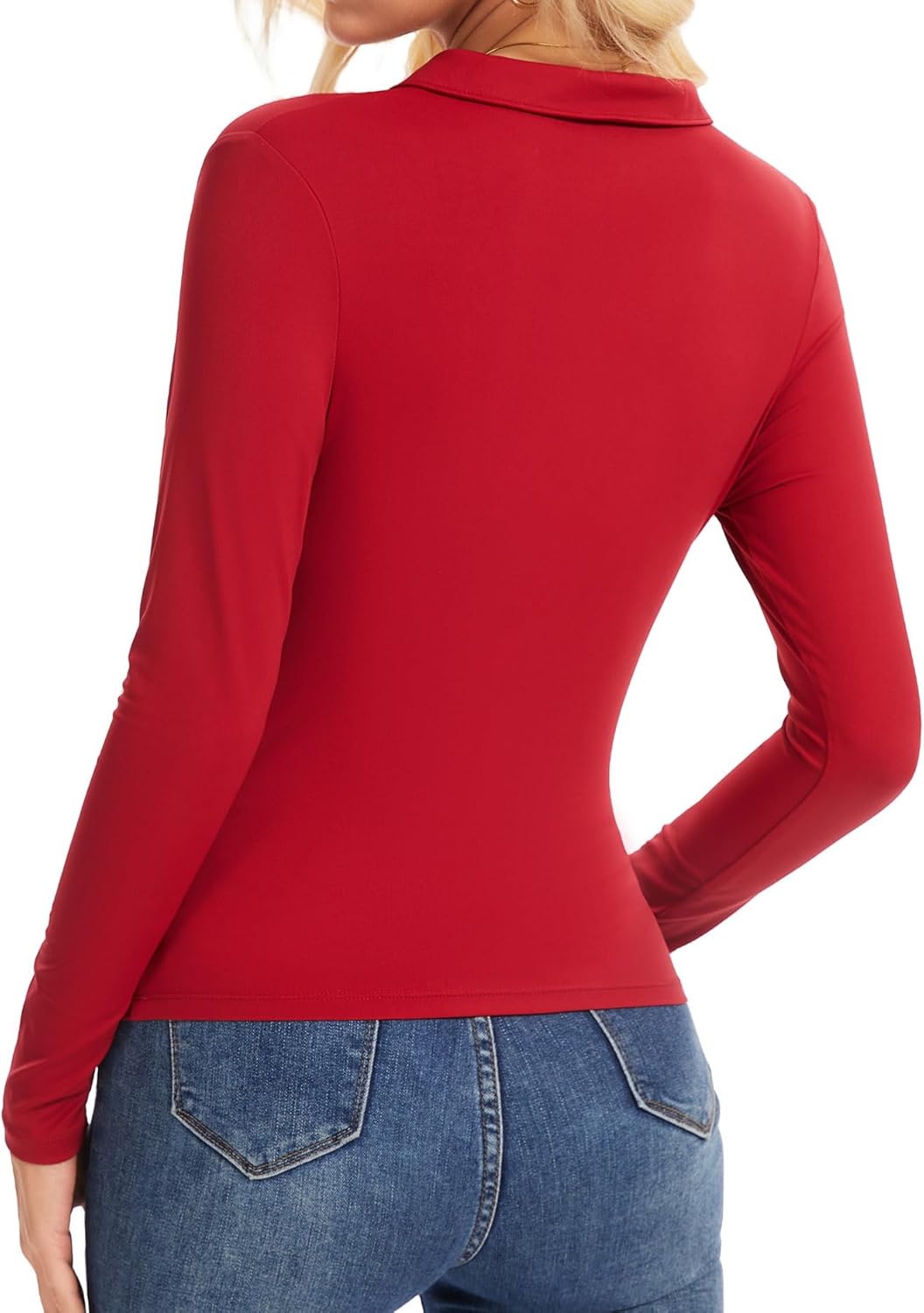 Womens Polo Shirts Long Sleeve,Cropped Collared Shirt Cute Fitted V Neck Tops with Button - Image 6