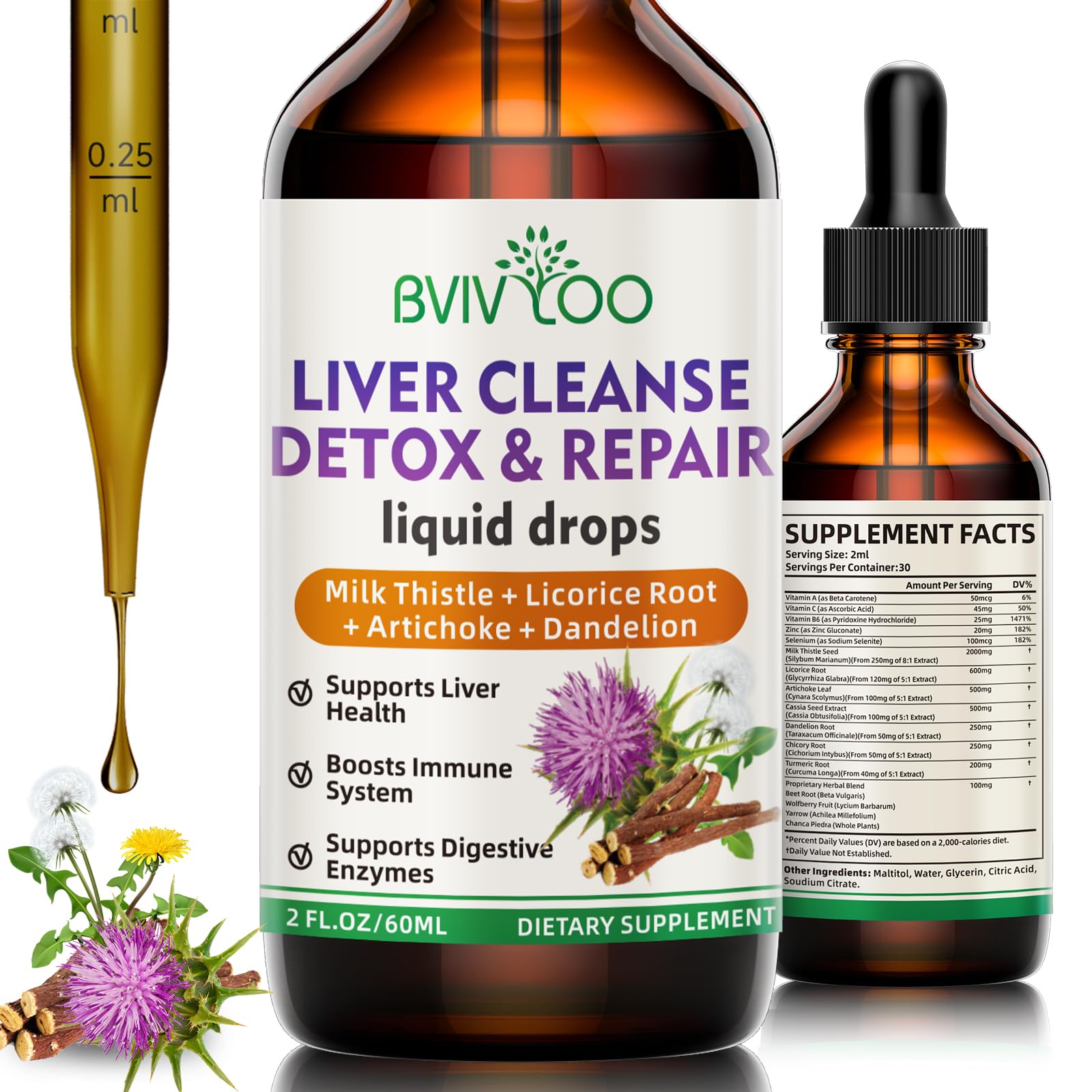 Liver Cleanse Detox & Repair Liquid Drops - 2000mg Milk Thistle, Dandelion Root, Artichoke, Silymarin Extract, & Turmeric Herbs - Vegan, Non-GMO - 2 Fl Oz (60ml) Bottle
