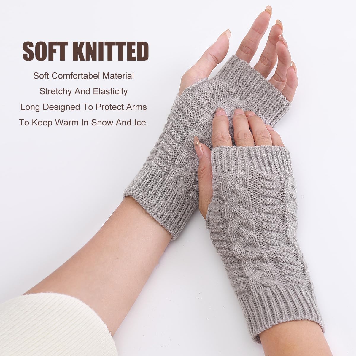 Street27® Arm Warmers Cute Knitted Fingerless Gloves for Women Winter Thumbhole Wrist Warmer Men Crochet Arm Warmers Hand Mittens Fancy Gloves and Skin Friendly For Unisex (Light Grey) 3