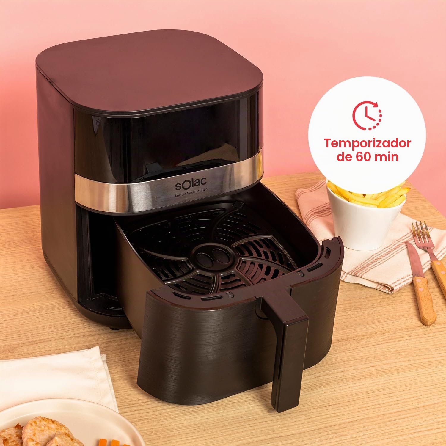 Solac – Freidora sin aceite Léviter Gourmet G55 | 5,5L | 8 Programas | Pantalla digital | Temp. ajustable 80-200°C | Temporizador 60 min | Interior metálico | Recubrimiento antiadherente