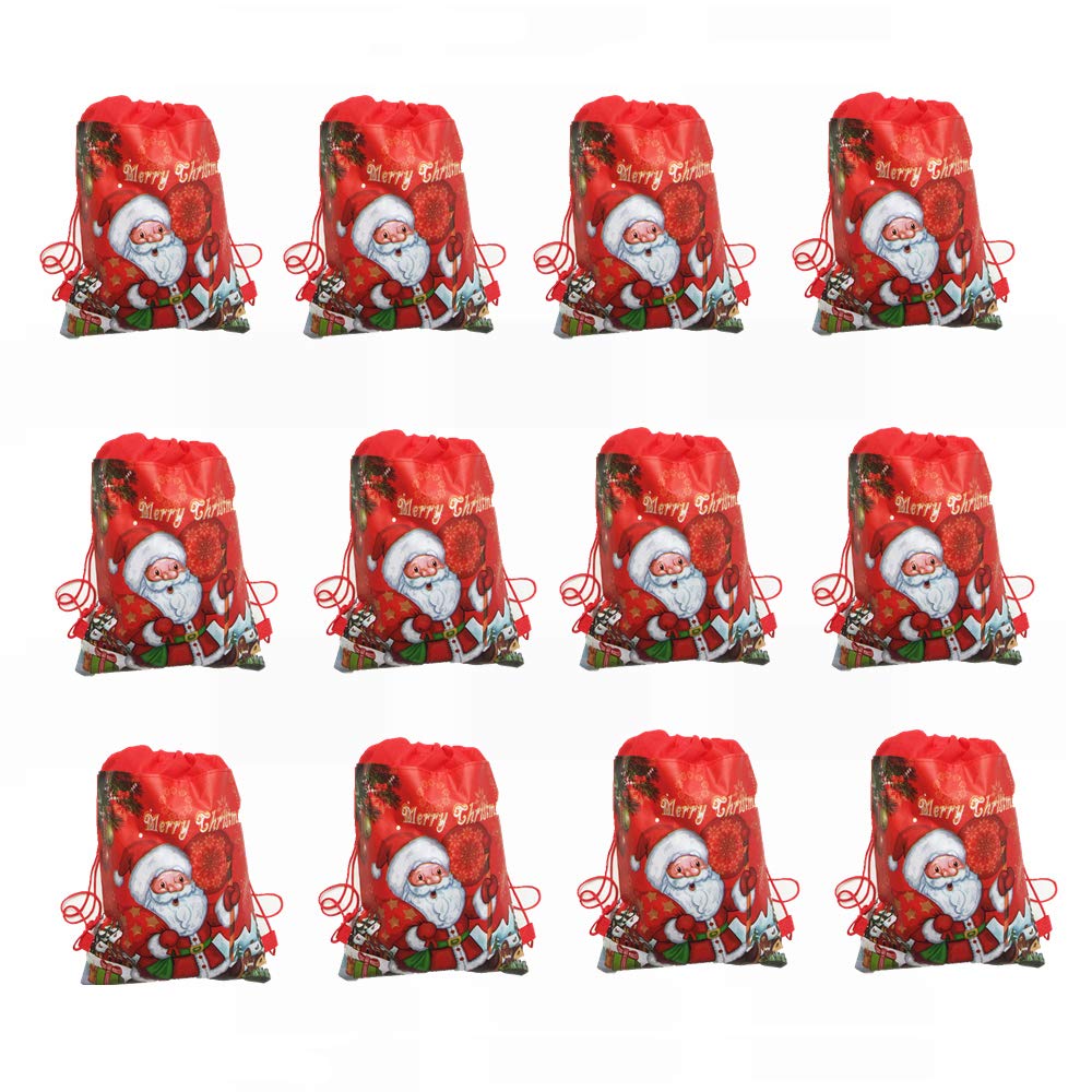 Boomteck Boys Red 12 Pack Christmas Party Supplies Favors Bags Reusable Drawstring Backpack Goody Gift Present Pouch Bags For Kids And Girls Birthday Party, Cute Holiday Xmas Eve Santa Sack Party Supplies Favors