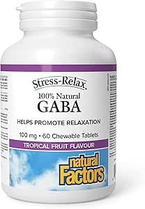 Natural Factors 100% Natural Pharma GABA, Stress-Relax, 100 mg, 60 Chewable Tablets, Tropical Fruit Flavour, Helps Promote Relaxation, Fast-Acting, Non-Drowsy, Proudly Canadian
