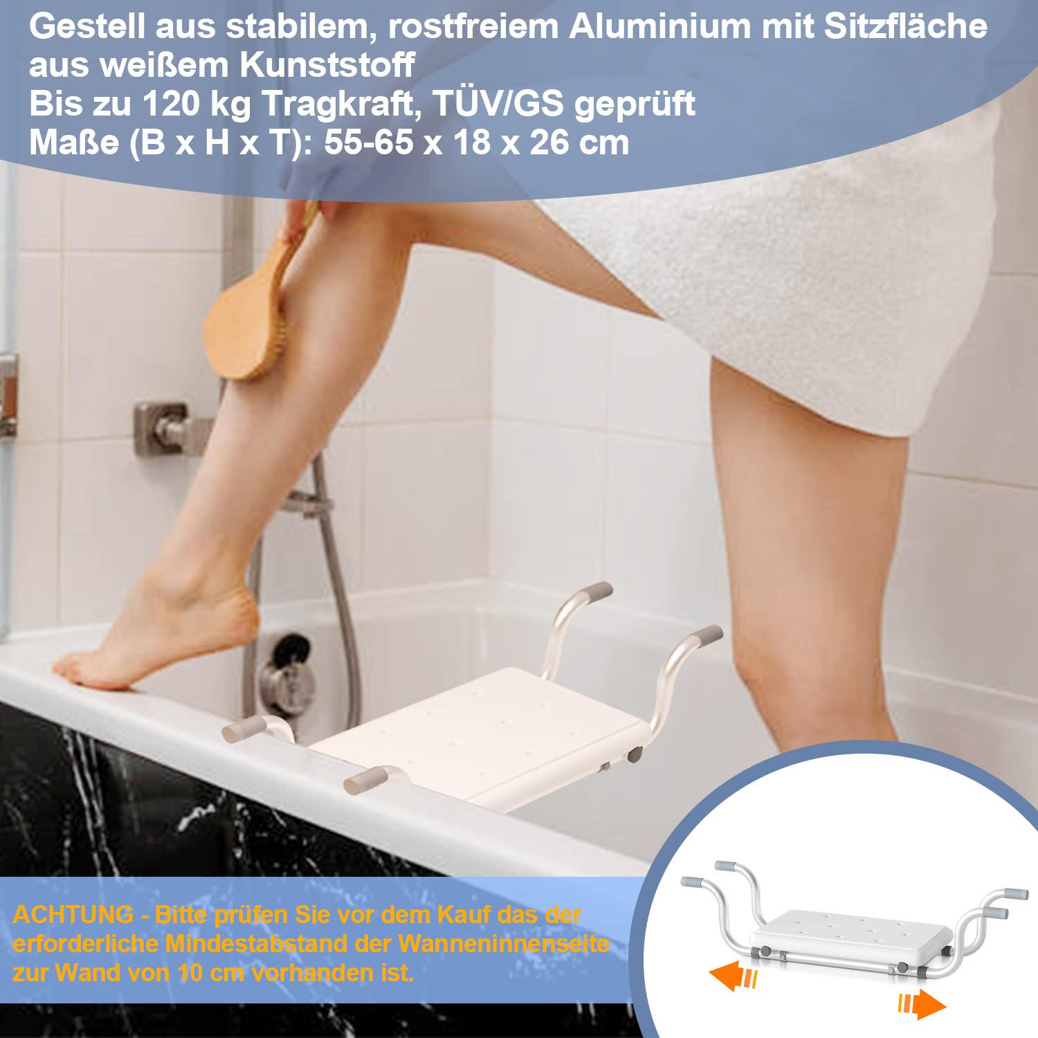 Asiento de bañera ajustable para todos los tamaños, tabla de baño, taburete de baño, tabla de asiento, aluminio, antideslizante y capacidad de carga de hasta 136 kg