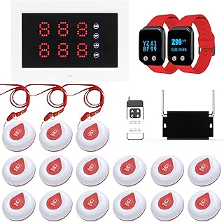 WNKRUN Caregiver Pager System Nursing Pagers Wireless Calling System with 1 Display Receiver/2 Watch Pagers/1 Signal Amplifier/15 Call Buttons for Nursing Home Nurse Station