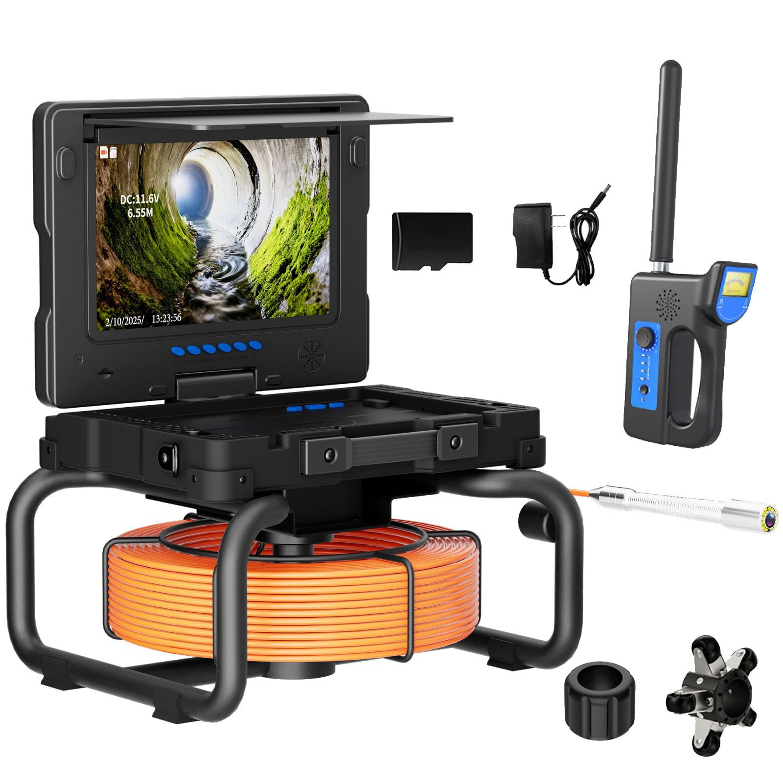 9 Inch AHD Screen Industrial Endoscope,Borescope,Pipe Inspection Camera,23mm Stainless Probe,Meter Counter,512HZ Transmitter And Receiver,Self Balancing,12 White LED Lamps,Underground(Size:50m(164ft))
