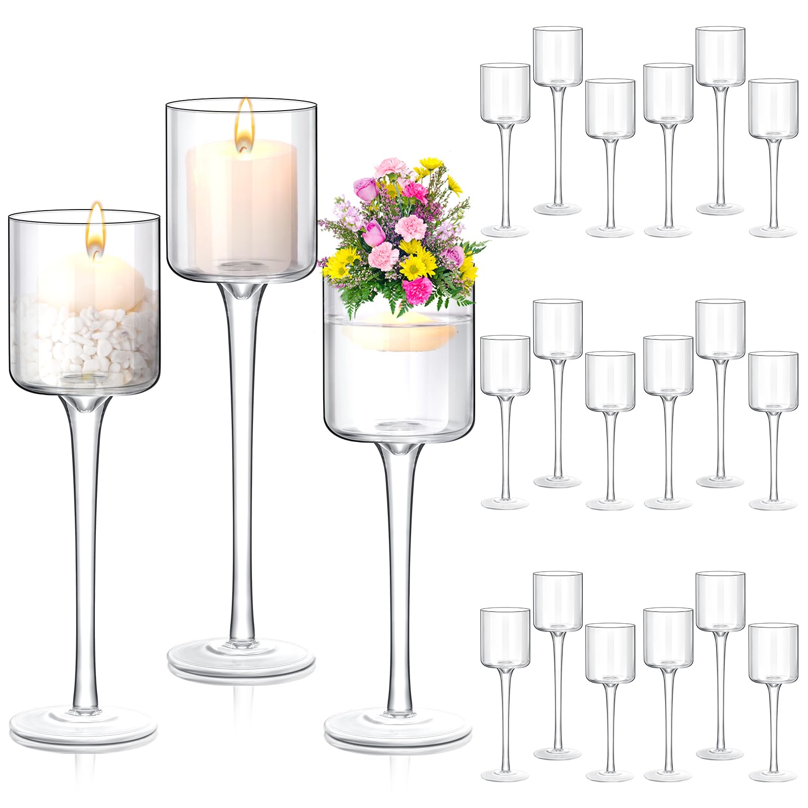 Sieral 18 Pcs Glass Candle Holder Tall Tea Lights Candle Holder for Table Centerpiece Floating Hurricane Long Stem Pillar for Wedding Party Home Table